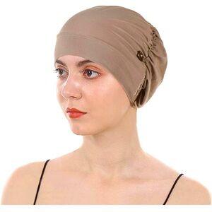 Bundle of womens Beanie Cap Elastic Sleeping Hat Button Headwrap
